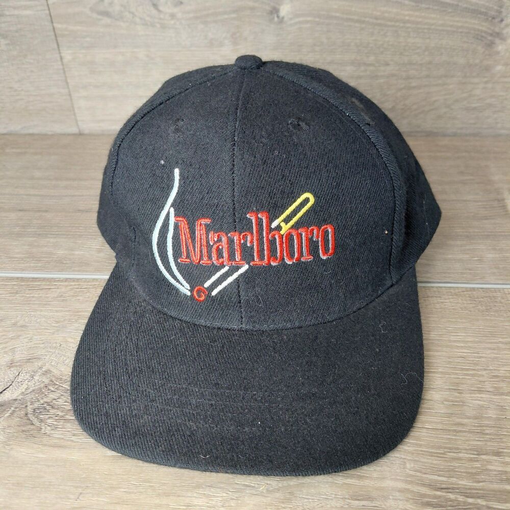 VTG Marlboro Cigarette Hat Cap Black Red Wool Blend Graphic Spellout Strapback